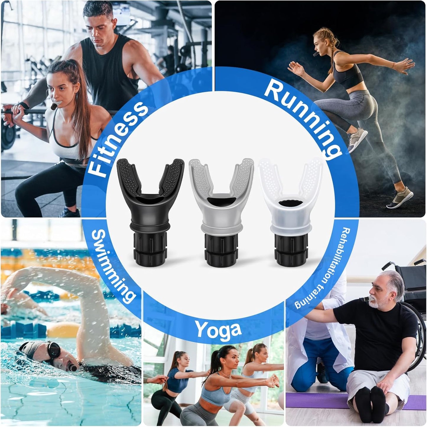 3 PCS Portable Breathing Trainer with Adjustable Resistance Settings (Black/Grey/White)